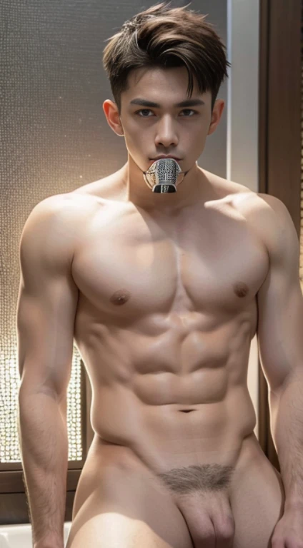 best quality, Ultra high resolution, 32ก,(true to life:1.6),(skin texture:1.6),(shirtless:2),Masterpiece,now,(bathroom:1.2),((underarm)),Kneel down on both legs.,muscle,(of one man:1.9),((18 years old:1.5)),(short hair with details:2),handsome,Big eyes,high nose,sexy lips , whole body,(white skin:2),(masculine characteristics:2.5),Convex crotch,gag,sexual arousal,gender expression,Raise your arms slightly.