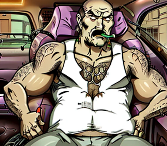 Carl Brutananadilewdki smoking Cigar sitting at Car Seat inside Car, Art of Hellper 