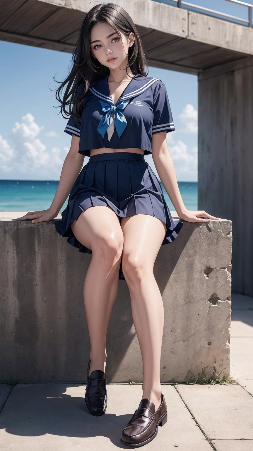 ((最high quality, 8K, masterpiece: 1.3, Ultra HD, high quality, 最high quality, High resolution, realism)) 、An extremely beautiful 18-year-old Japanese woman、hair color is black、black eye、medium hair、straight hair、smile、Slender but well-proportioned muscular body、Athlete-like body type、I don't want my head to disappear from the screen.、sit on a high breakwater on the beach、The blue sky is beautiful、There is an entrance cloud、It's summer、I'm wearing a sailor suit、Wear a navy blue pleated skirt、wear loafers、There is a road in front of the breakwater、There is a sign indicating the bus stop.