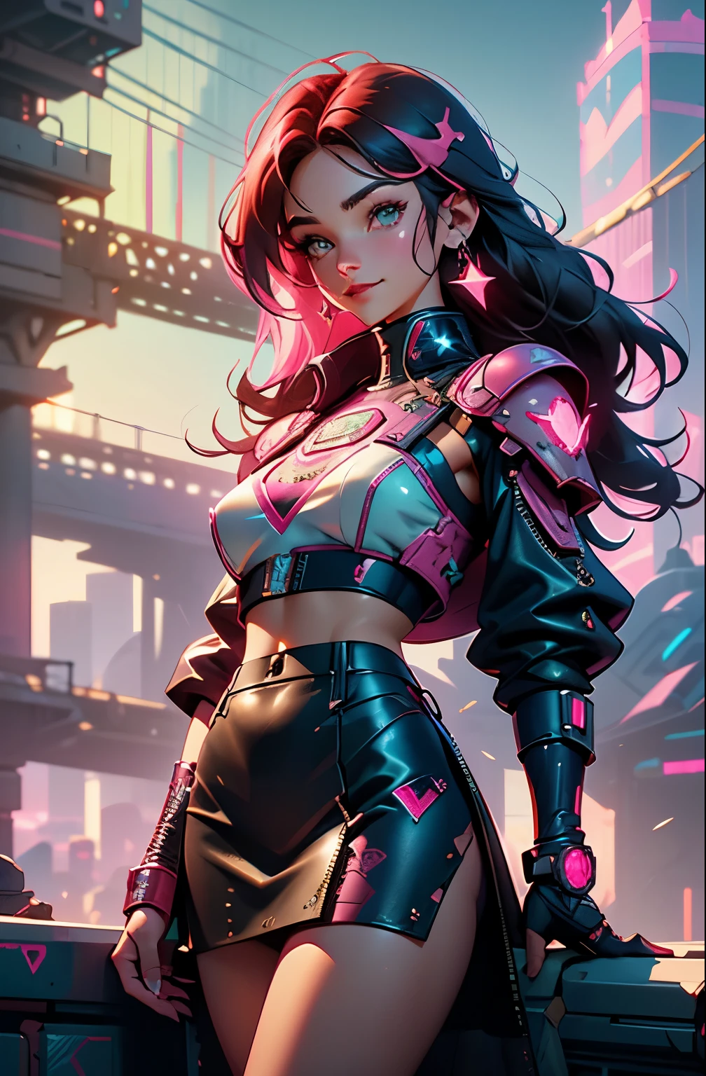Pink and vibrant colors, cyberpunk 25, perfect, smiles, shoulder pads with metal spines, Brooklyn bridge, short short skirt, Heavy Metal inspired, white and gold crop top, leather protection on the left arm with intricate graphics, Dark red with white stars and white and navy blue checkerboard pattern, armor, intricate design, holding glowing orb