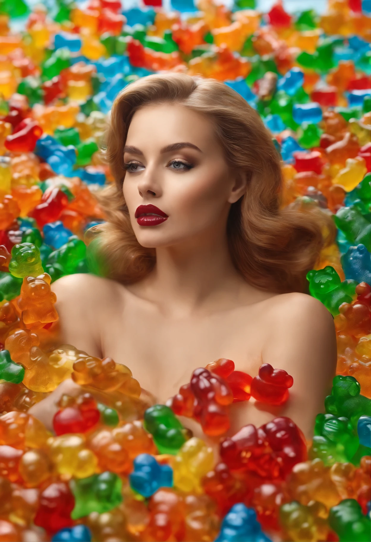 Mulher loira bonita em um traje feito de muitas gummy bear shaed bears. She's enjoying the climactic ecstasy by sliding something in and out . Seu rosto cheio de prazer.
