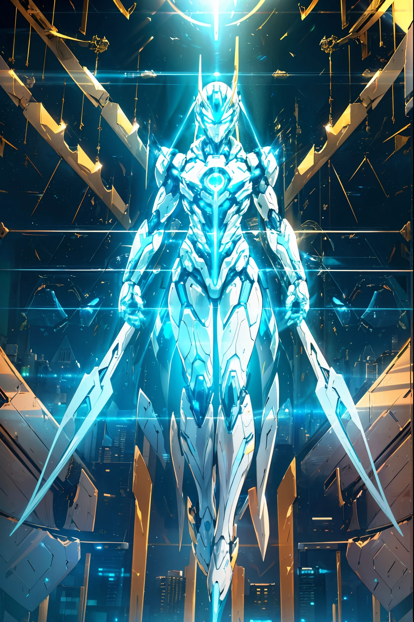 science fiction, robot, mecha, robot joints, (white body), daylight, ((full body)), outdoors, (((facing viewer))), cyan details on body, (golden details on body), cybernetic body, blue glowing eyes, ((two curved blades on each side of the head)), floating, blue electric energy on background, ((looking at viewer)), (((((((day time)))))), ((city background))