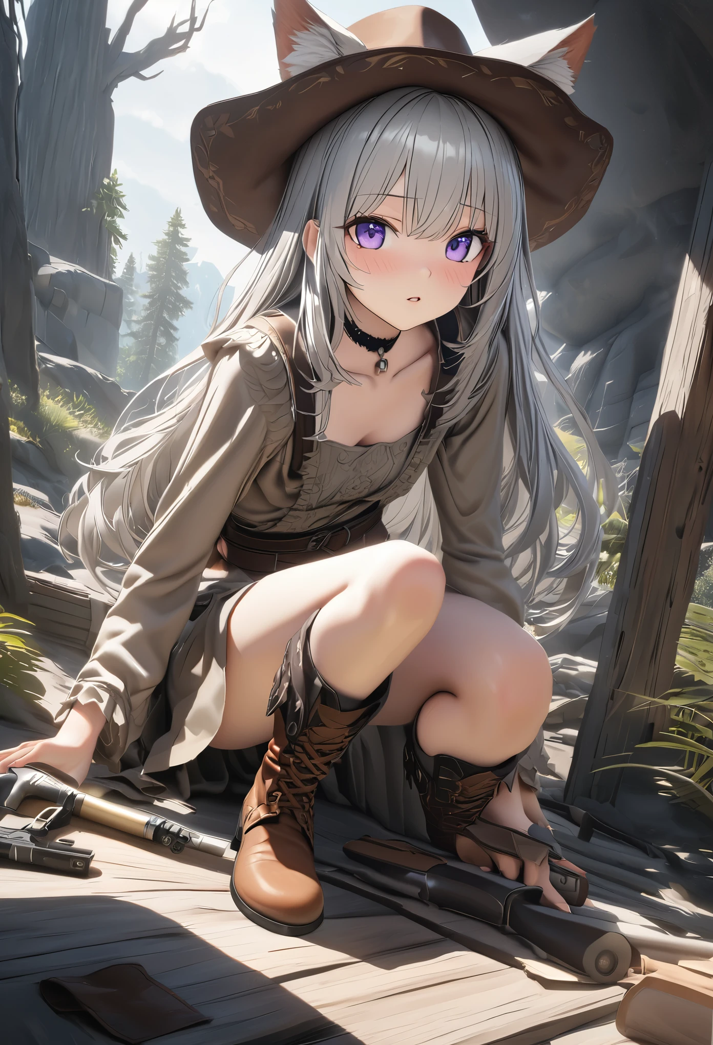 masterpiece,highest quality, Super detailed, High resolution, expensive resolution, HDR, 4k, 8K, unity 8k wallpaper, Super detailed CG, masterpiece, photo-realistic, 2D, 3D, beautiful details, depth, fine texture , super fine: 1.3, Fully focused, Crispy.skin, .he,
Very cute anime girl with 、Desolate wilderness、cowboy styleの衣装、cowboy hat、cowboy boots、handgun、Mexican Wilderness、duel、handgunを持って立っている、Silver long hair wearing expensive , one girl、alone, Silver long hair, animal ears, cat ears, cowboy style、cowboy hat、handgun、duel、cowboy boots、computer、disk、mole under the eye, looking at the viewer , expensive , blush, mole, cat ears, parted lips, hair ornaments, heart, Purple eyes, choker