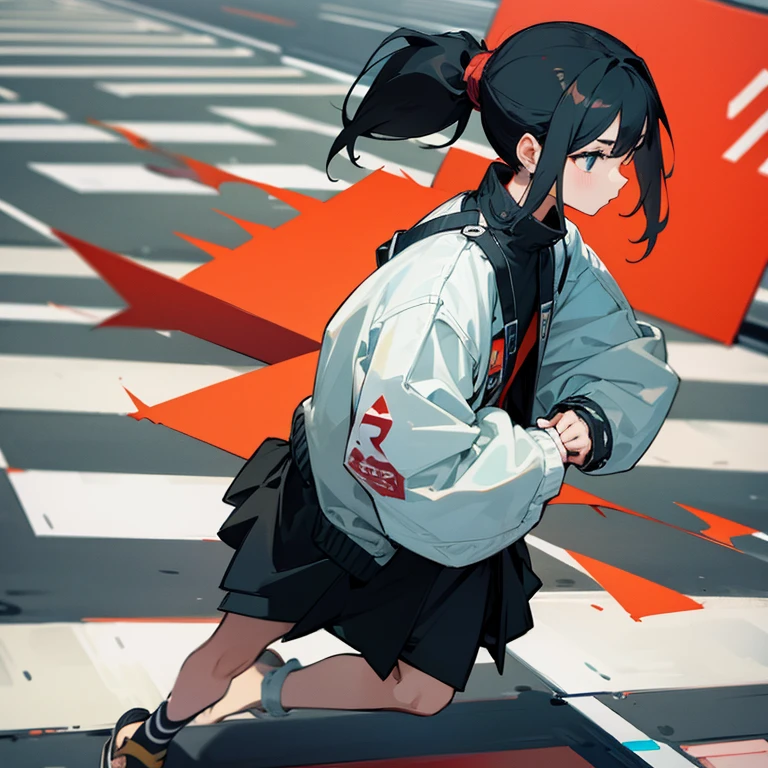 woman、black hair、ponytail、Jacket、sandals、pedestrian crossing