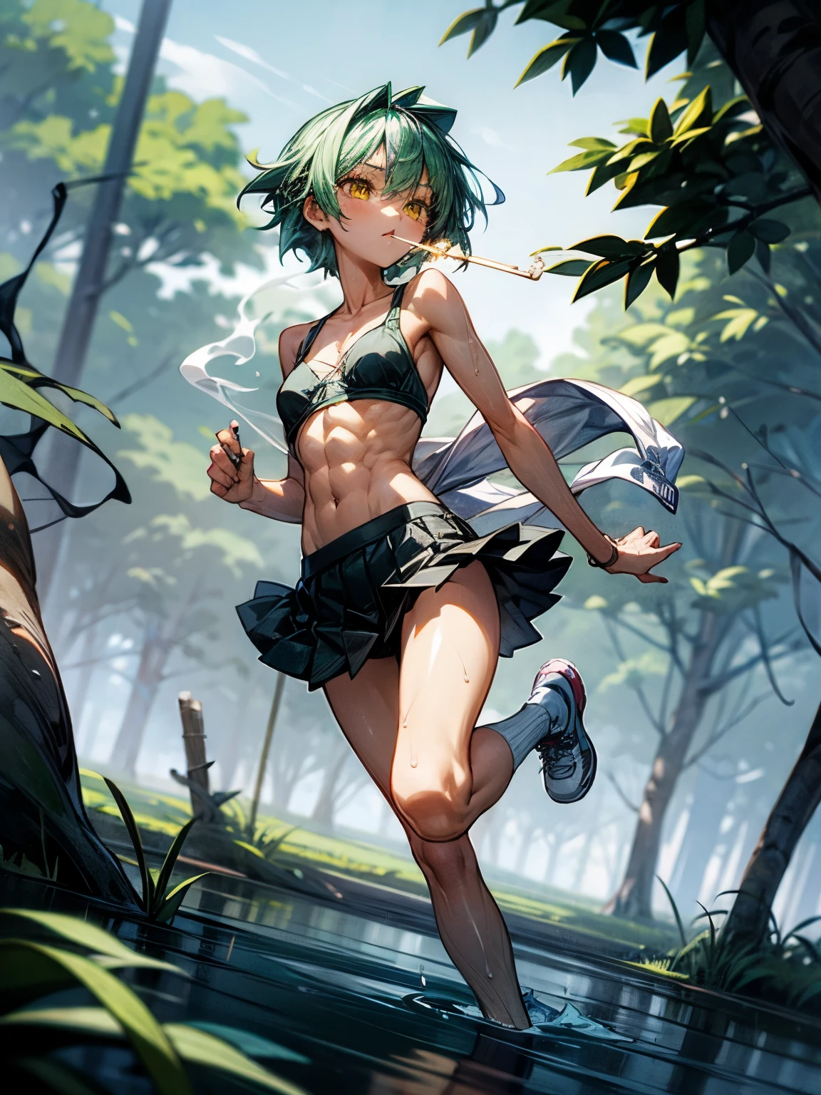 girl with green hair, yellow eyes, small eyes, big long mouth, short hair, abs, small breast, wearing a green bra, wearing string, wearing running shoes, wearing a skirt, smoking girl, the character smokes a cigarette, the character is a smoker, nature, forest, outside, she's exhausted, she's wet, she's running, ambient smoke,
