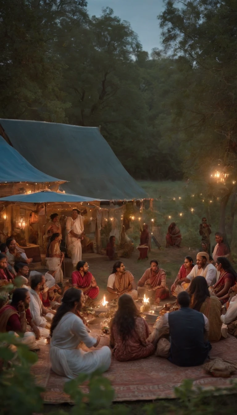 a poster for a concert with a group of 150 peoples in Indian attire sitting and dancing outside of a farm house on blue full moon an album cover , reddit, psychedelic art, d&d vibe, divine vibes, to music, vibes, moody vibe, lofi vibes, 16:9 size ratio