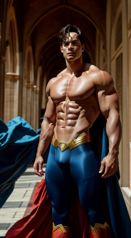 (Very detailed 8K wallpaper.), Middle shot of a young male model, blue eyes, brown hair, strong jaw, fit the body, which tall, full body, Prince Aesthetics, gothic architecture, shirtless, soft light,Superman costume