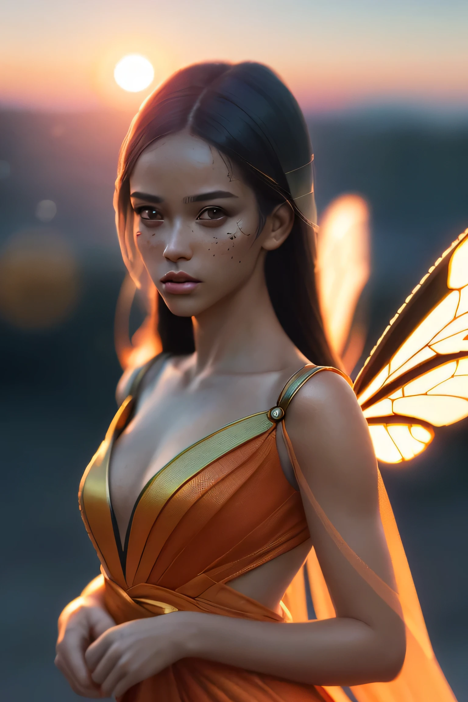 (masterpiece), (very complicated:1.3), (realistic), girl portrait, the most beautiful in the world, (insect-like wings), scale powder reflection, fashion model posing, outdoor, intense sunlight, distant shore, Stunning female professional photo details, sharp focus, dramatic, Award history, cinematic lighting, Octane Rendering Unreal Engine, volumetrics dtx, (film grain, blurred background, blurred foreground, Bokeh, Depth of the bounds written, sunset, motion blur:1.3), thin orange clothing