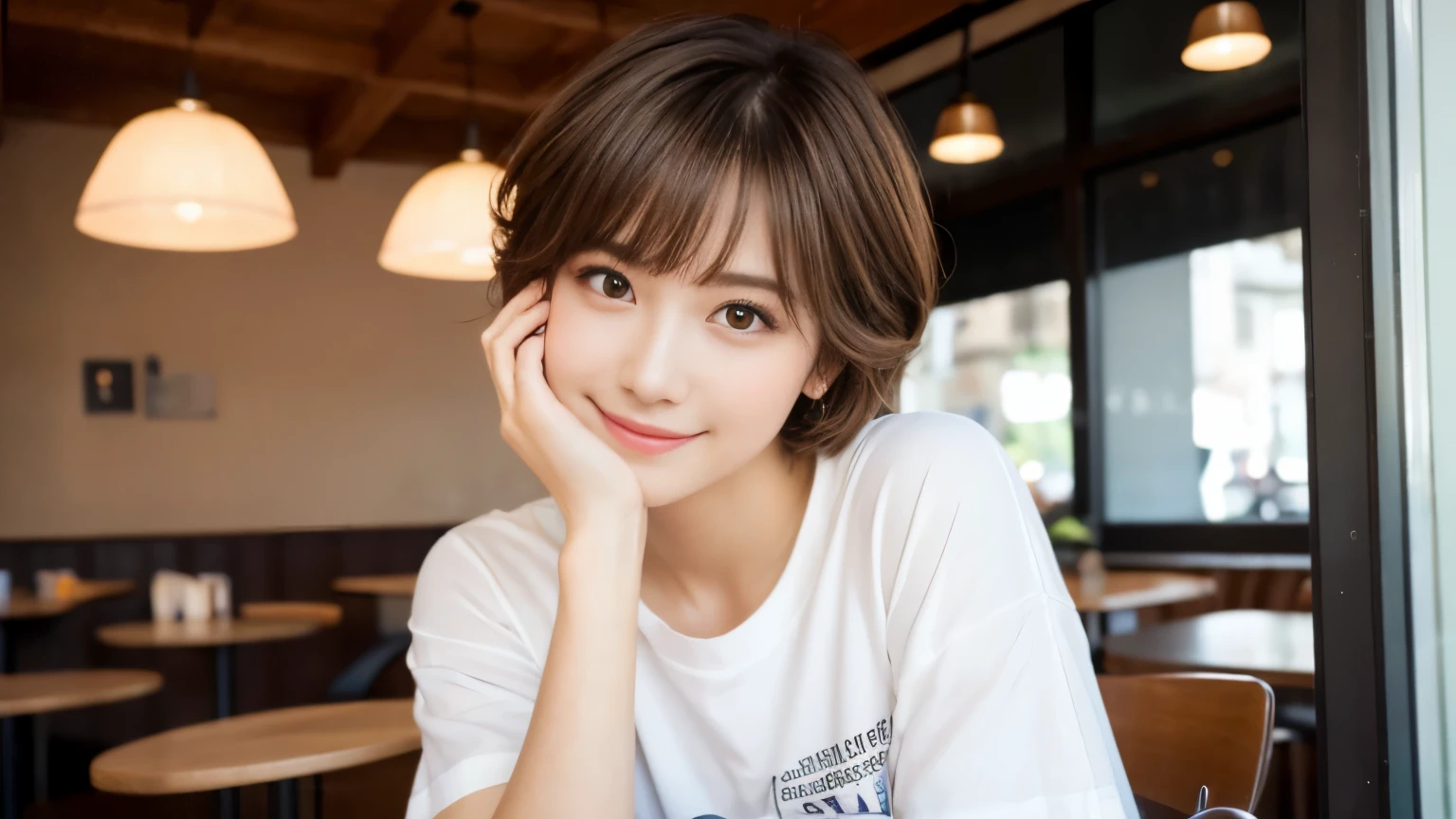 (highest quality,8K quality,masterpiece:1.3,),(超A high resolution:1.3,Photoreal:1.4,RAW photo:1.2),(super detailed:1.2,shiny skin,fine skin:1.1),(detailed face,perfect anatomy,caustics:1.2),stylish cafe,1 girl,cute,Japanese,22 years old,Natural brown hair,curl short hair outwards,cute目,natural makeup,oversized t-shirt,laughter,look at the camera,Shot in a café,professional lighting,natural soft light,