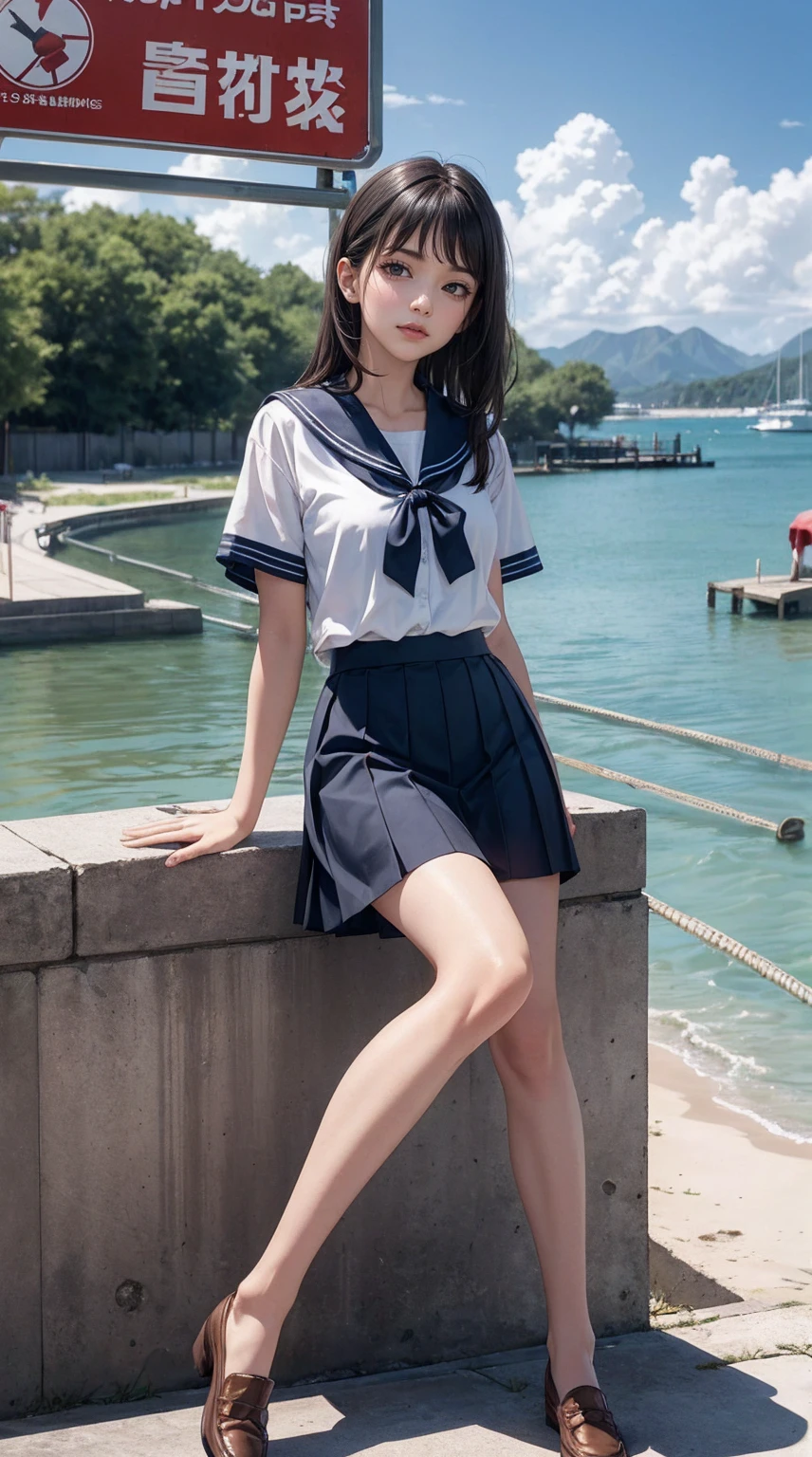 ((最high quality, 8K, masterpiece: 1.3, Ultra HD, high quality, 最high quality, High resolution, realism)) 、An extremely beautiful 18-year-old Japanese woman、hair color is black、black eye、medium hair、straight hair、smile、Slender but well-proportioned muscular body、Athlete-like body type、I don't want my head to disappear from the screen.、sit on a high breakwater on the beach、The blue sky is beautiful、There is an entrance cloud、It's summer、I'm wearing a sailor suit、Wear a navy blue pleated skirt、wear loafers、There is a road in front of the breakwater、There is a sign indicating the bus stop.