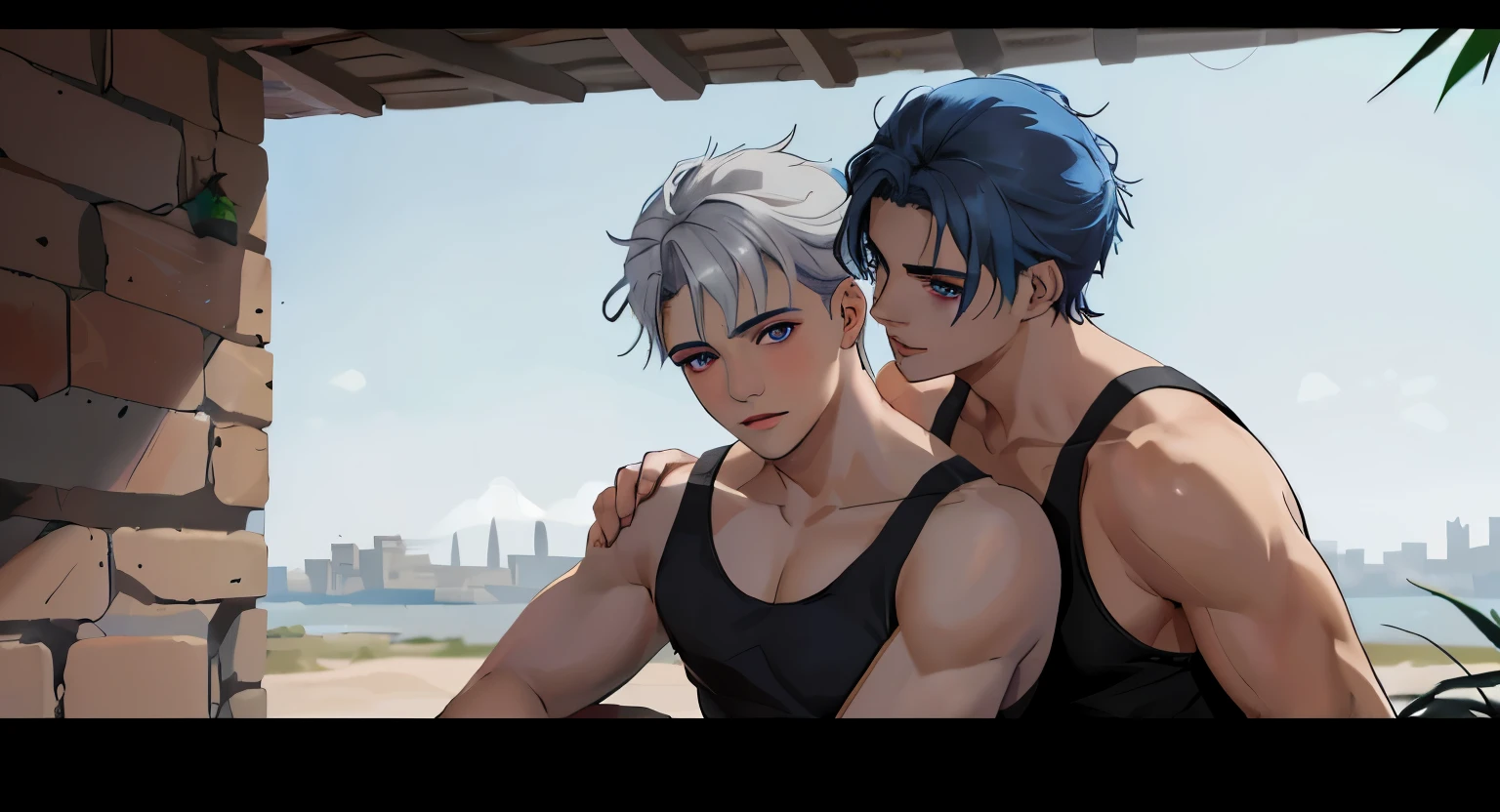 hay dos chicos delgados lindos con cabello gris ojos azules hablan