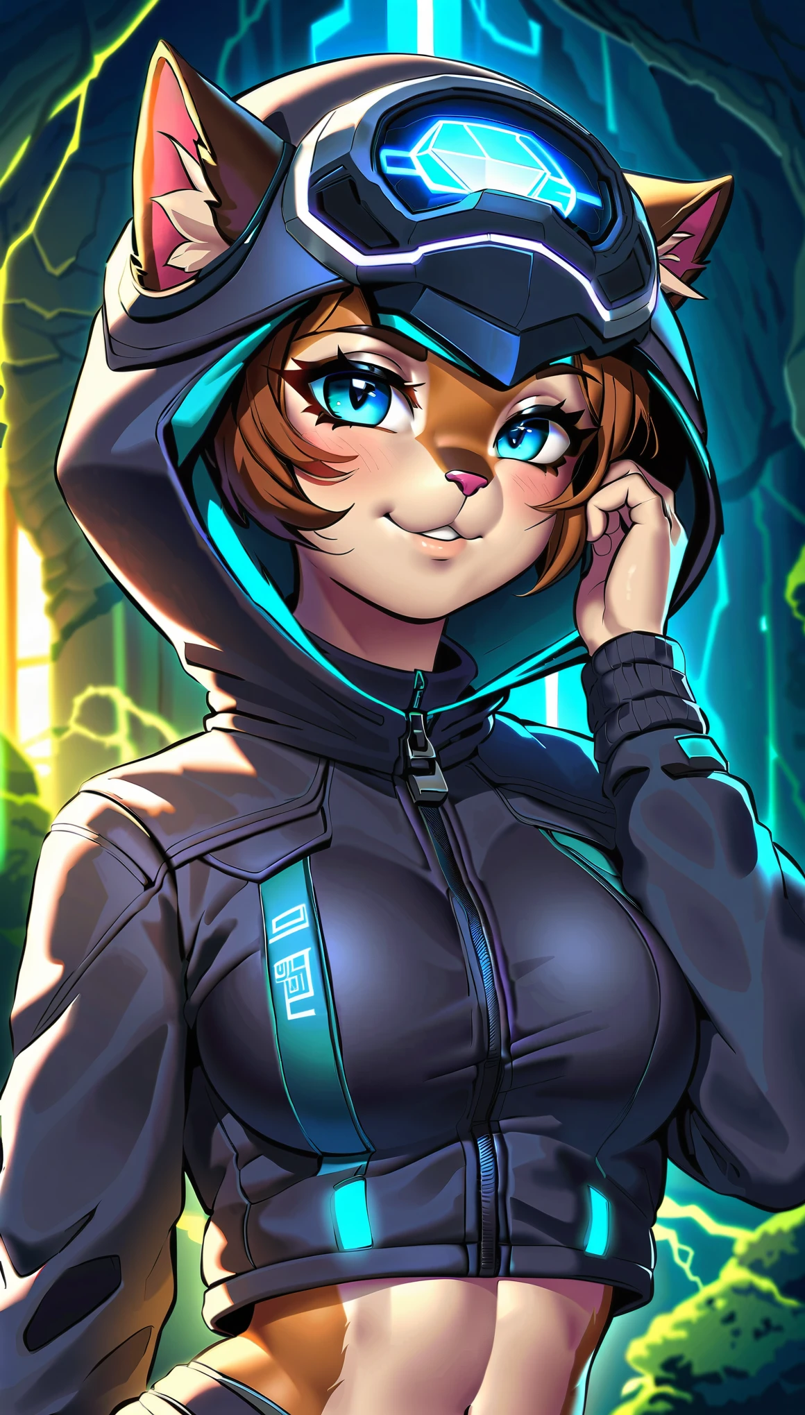 (highest quality, 4k, 8K, High resolution, masterpiece:1.2), Super detailed, Close-up of science fiction with a furry woman wearing a helmet, ((Ancient forest, rich light changes)), Very complex and detailed expression, Fusion of ancient ruins and science fiction, cat girl, cyberpunk fashion, high contrast, Expressing Chibi Kawaii.