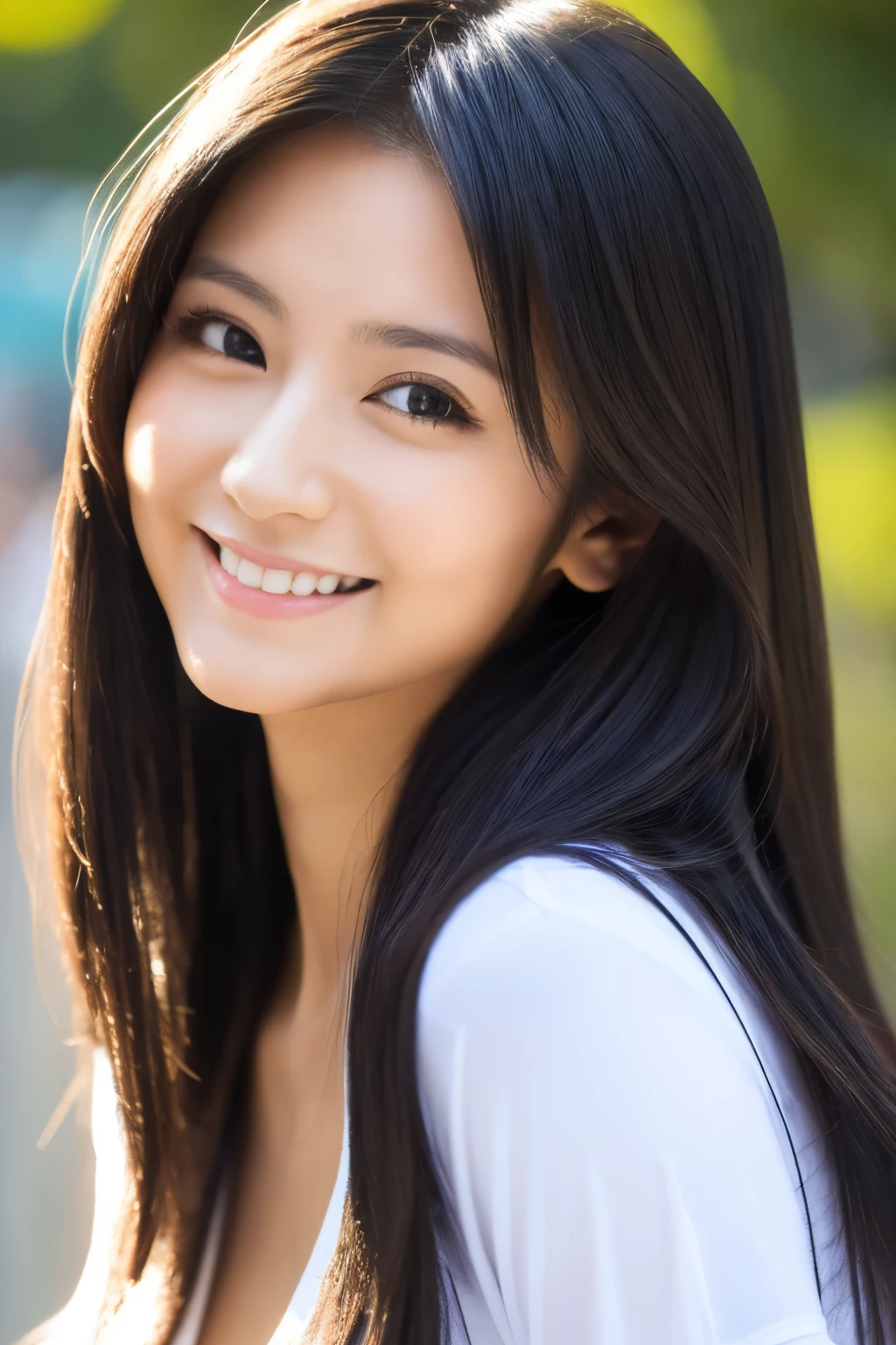 Skinny Japanese woman, 30 years old, ((1 woman)), (((Black-long-hair))), (masterpiece：1,3) top-quality, high resolution, Original, highly detailed wallpaper, (A slight smile), a small face, detailed face, detailed eyes, ((small breasts), (Very thin waist)), (Coloful T-shirt, jeans), (light on face), feminin pose, Beautiful facial features, at cafe, full-shot, full length