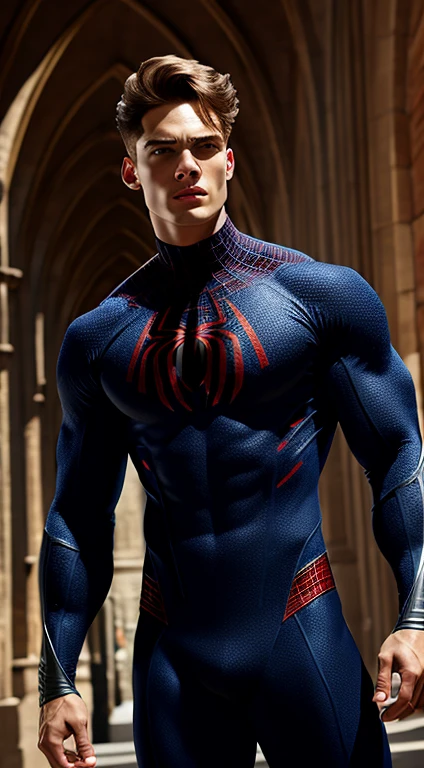(Very detailed 8K wallpaper.), Middle shot of a young male model, blue eyes, brown hair, strong jaw, fit the body, which tall, full body, Prince Aesthetics, gothic architecture, shirtless, soft light,Spider-Man costume,The target is very big.