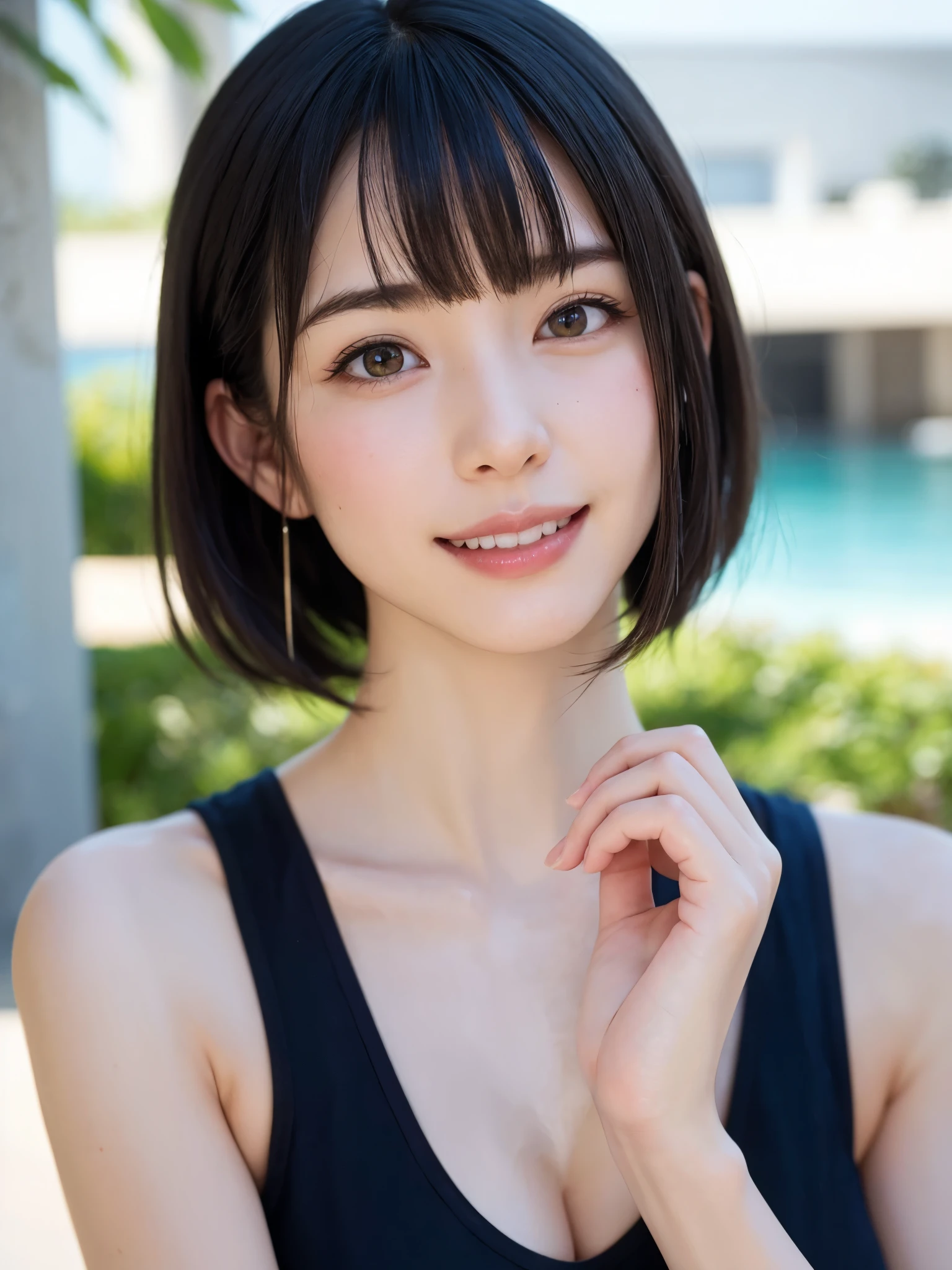 1 girl、highest quality、realistic、alone、Depth of written boundary、natural soft light、daytime、charm、beautiful face、cleanliness、pure face、white skin、cute、short hair、bangs、beach、Light of the sun、Nedium Breast Body Esbian、((セーター黄金比のbeautiful face 対称性のあるbeautiful face))、long neck、show me your ears、bangsのあるきれいな短いボブヘア、smile with your mouth closed、perfect hands指、perfect hands、perfect body、perfect face、Shine a light into your eyes、perfect anatomy:1.4、とてもcuteスーパーモデル:1.4、{Huge|big|Hugeな|mega} chest, cleavage、Smile:1.6、Very beautiful teeth:1.6
