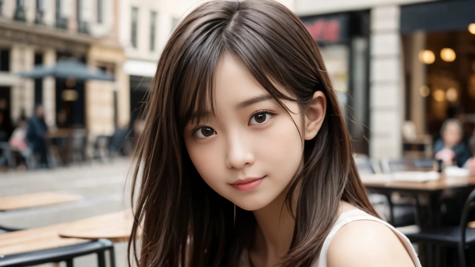 masterpiece, best quality, 8k, disorganized person, (Upper body:1.4), stylish cafe,tight knit, beautiful girl, pretty face, looking at the viewer, smile, super realistic, high resolution, picture, sharp focus, HDR, face light, dynamic lighting, movie lighting, professional shadow, beautiful cafe background, best details, very detailed, Super detailed, finely, real skin, delicate facial features, detailed face and eyes, sharp pupils、real students