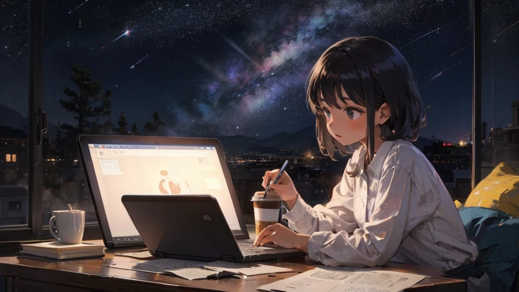 A girl working in front of a laptop while listening to jazz in her room,The night sky is in the background,coffee on the desk,masterpiece,highest quality,very detailed