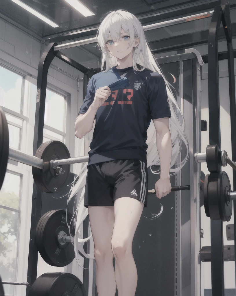 young boy,man,long hair,white hair,blue eyes,school gym set,Gym,school,realistic,4k,charming,very detailed,thin,