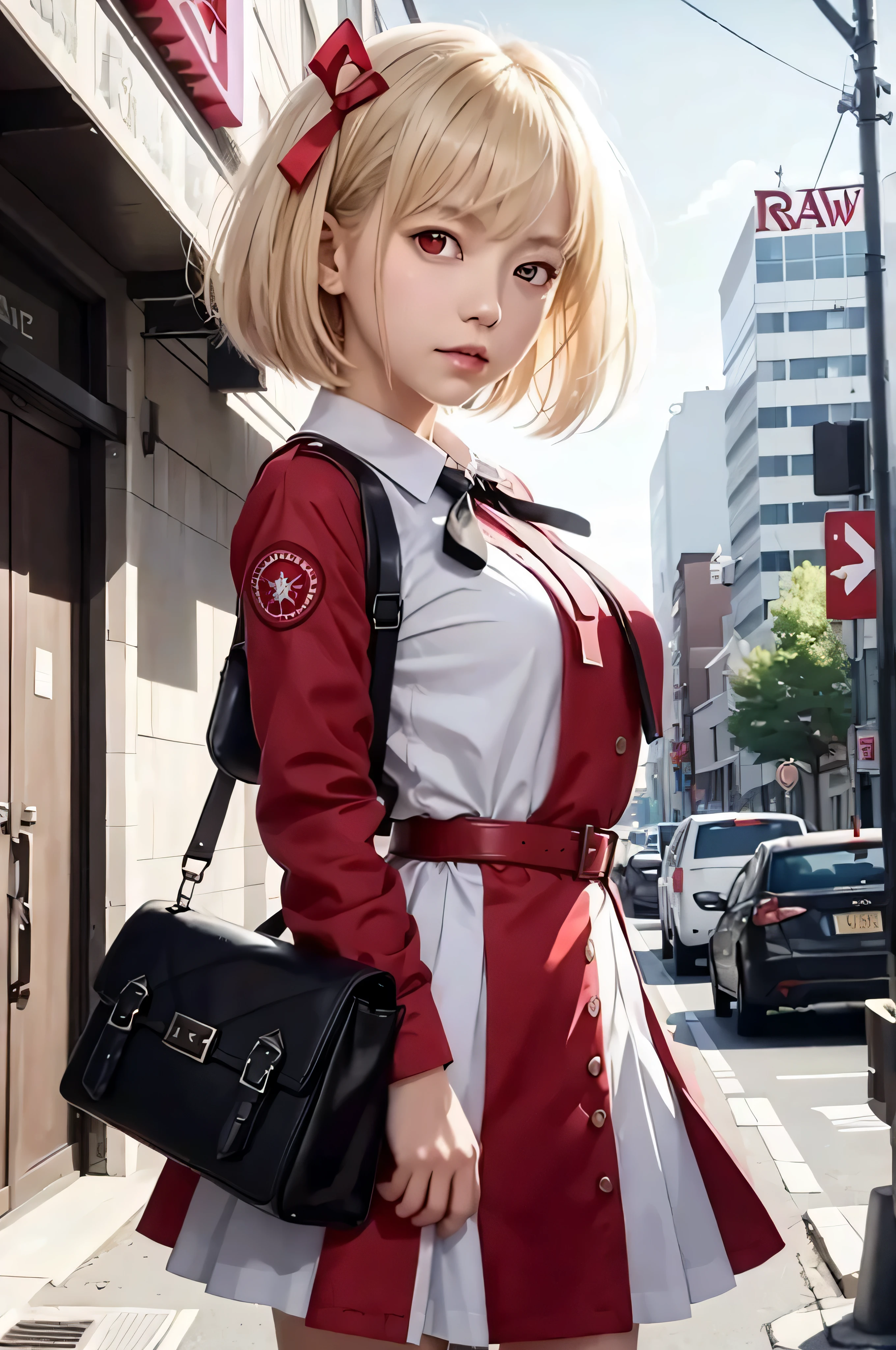 ((RAW image quality:1.4))、8K resolution、(muste piece: 1.1), (best quality, super resolution: 1.0), (8K resolution: 1.2), (It&#39;s photorealistic, ultra detail, clear focus 1:0), (original photo, great writing: 1:1), Detailed reflective eyes with professional digital painting, beautiful pretty cute little face, (1 girl:1.3), Break Chisato Nishikiki, short hair, bangs, blonde hair, (red eyes:1.5), hair ribbon, one side up, bob cut, perfect body, shirt, long sleeves, one piece, ribbon, white shirt, shirt with collar, belt bag, First Yuan Ribbon, Red one piece, Green ribbon, pleated dress, gray dress, two tone dress, Red Belt, Lycoris uniform, Run, Floated skirt, blue sky, city road,
