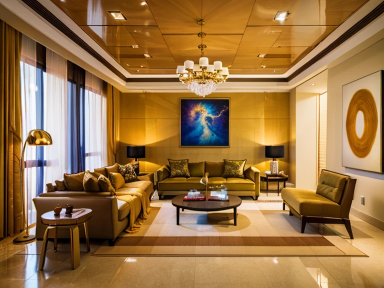 (a refined living room experience), a girl stepped into the living room, feeling as if she entered an exquisite art gallery. The ceiling is high, adorned with modernist oil paintings that are vibrant and full of life. The sofa is upholstered with top-grade velvet material, providing a touch as soft as silk. Cloud-shaped chandeliers and marble sculptures intertwine, creating an atmosphere of art and luxury. The decorative pieces are thoughtfully arranged, each resembling a masterpiece created by an artist. In this meticulously designed space, I couldn't help but be captivated by the unique charm of art. (best quality,4k,8k,highres,masterpiece:1.2),ultra-detailed,(realistic,photorealistic,photo-realistic:1.37), sophisticated colors, vivid hues, studio lighting