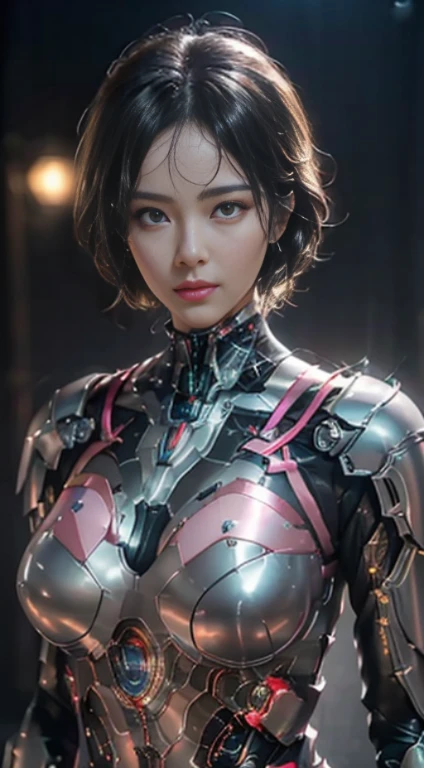 pi8k, pieces fly, Raw photo, highest quality、cinematic light, Lens flare, ray tracing, (very beautiful face, beautiful lips, beautiful eyes), face with intricate details, ((super dense skin)) 1 girl, Pink Power Ranger、woman、realistic、write, shiny suit、Power Rangers Sexy Bodysuit、professional photos、Too much exposed skin, japanese model,、Slender medium breasts、 difficult 、Tight sexy bodysuit、Big eyes、black short bob hair、、night background、
