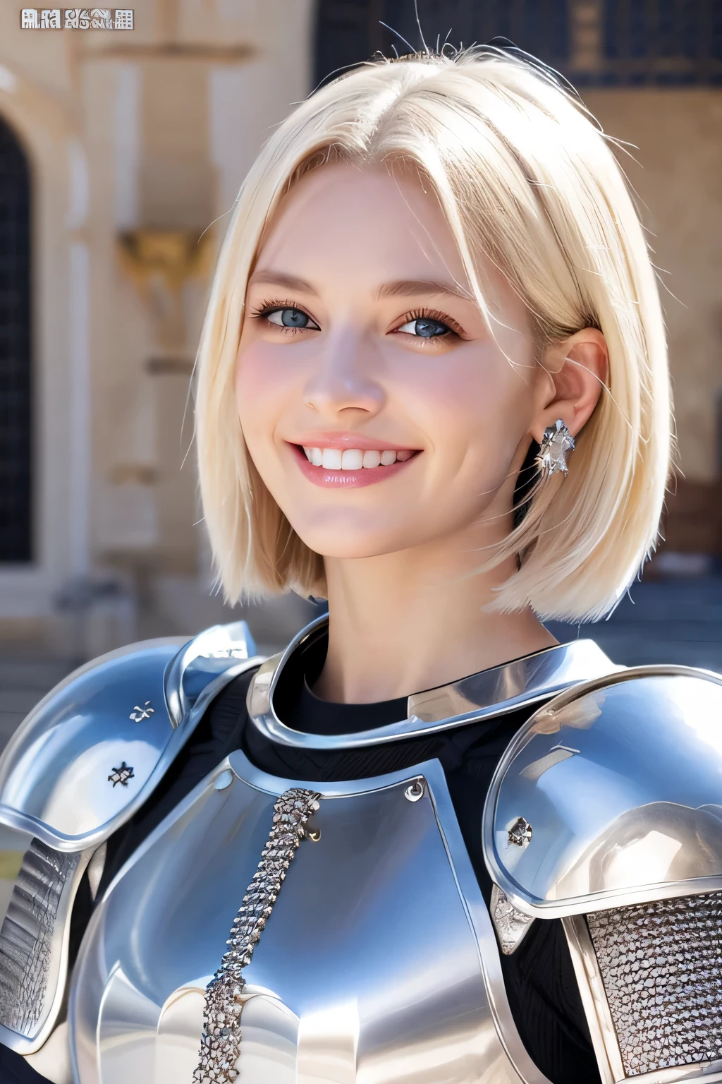 ８Ｋ、highest quality、female knight、The background is a castle、Luxurious Silver Armor、heavy equipment、hairstyle short cut、smile、beautiful teeth、full body photo、ear piercing、white woman、blonde、blue eyes、Helmet covering the head

