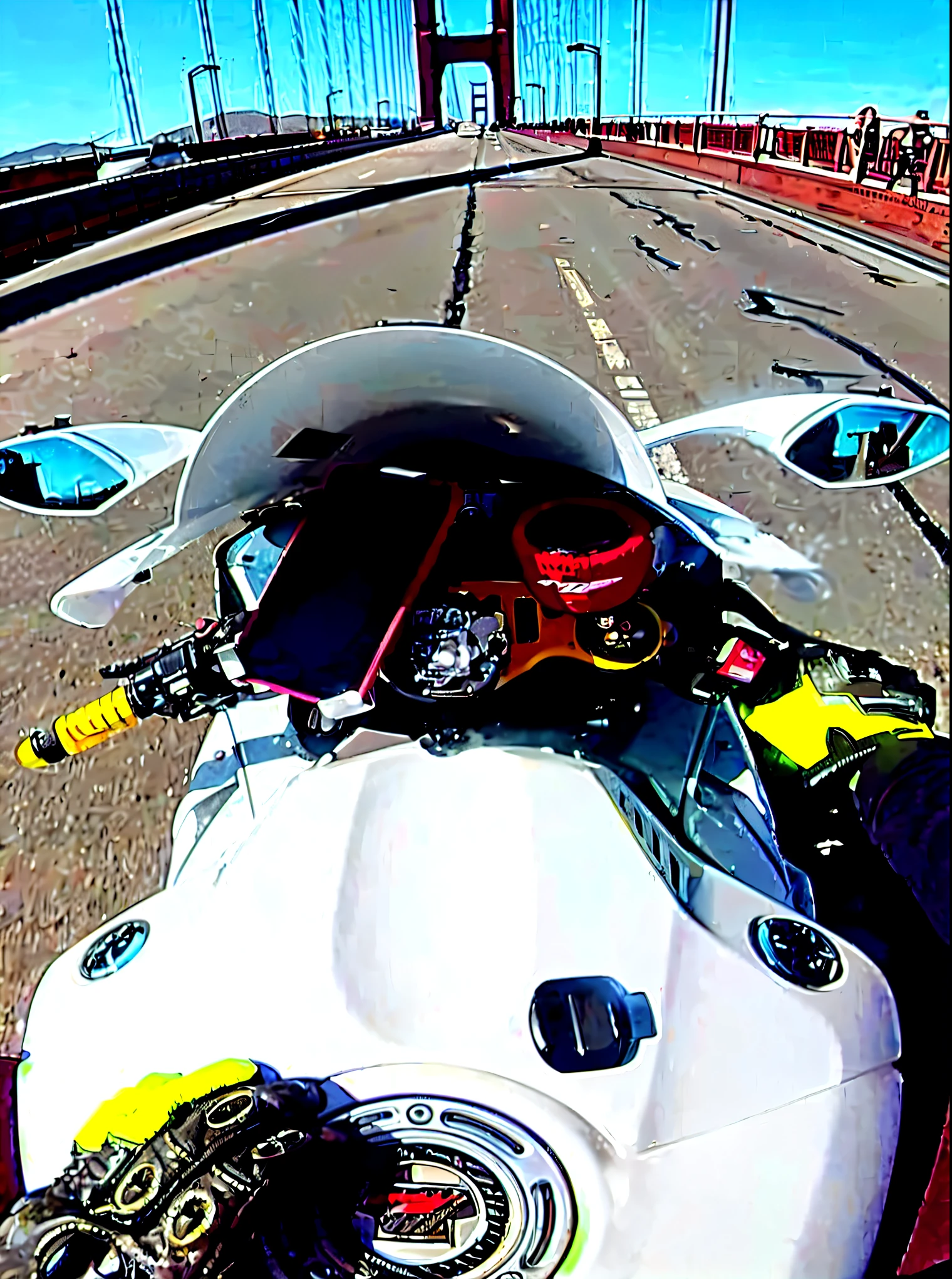 view of a 60th Anniversary Yamaha R1 2016 motorcycle driving on a golden gate bridge with a bridge, helmet view, pov shot, go pro footage, shot on go pro9, speeding on motorcycle, low - angle go - pro view, riding a futuristic motorcycle, riding a motorbike down a street, wide angle action, 