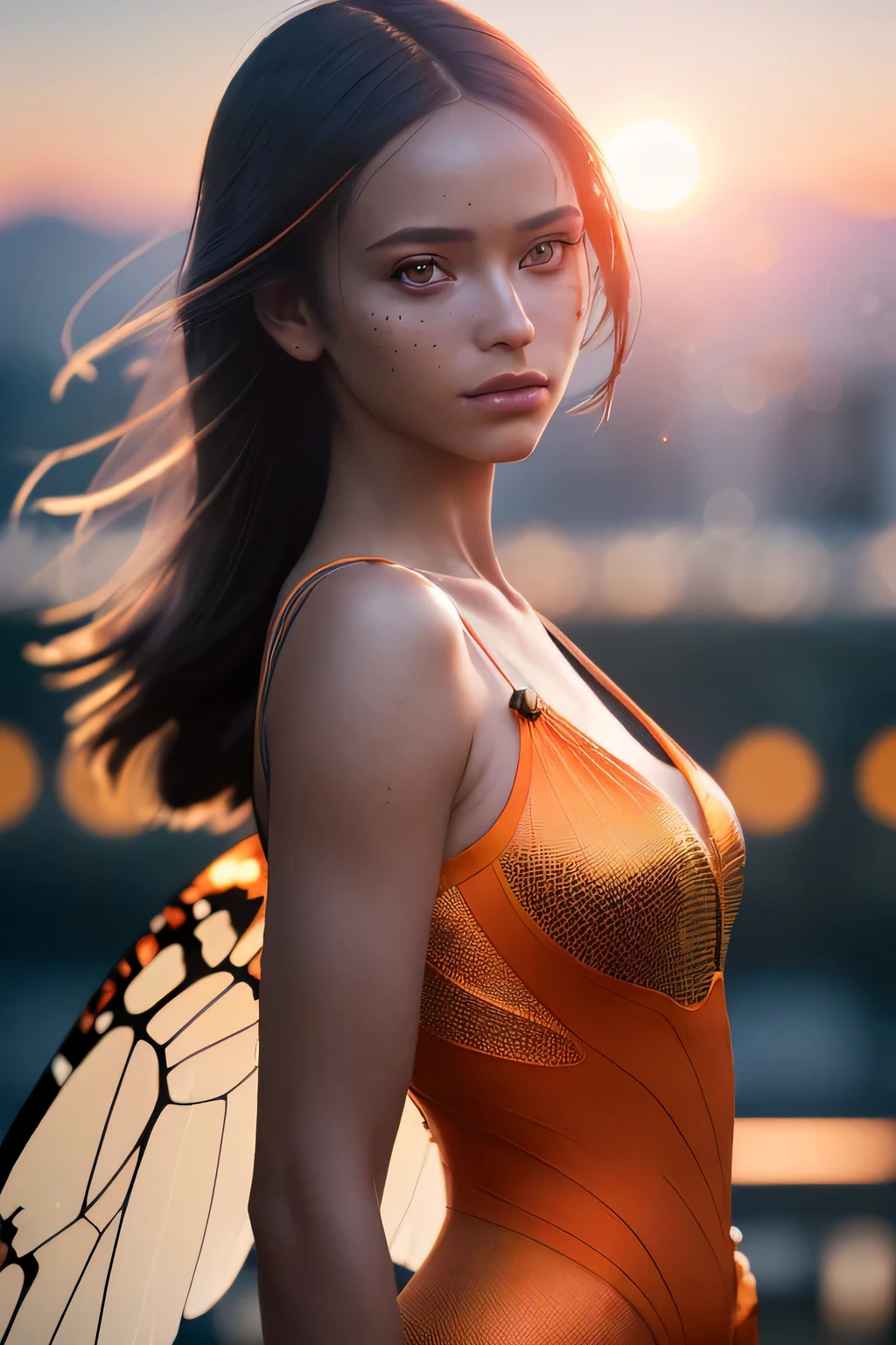 (masterpiece), (very complicated:1.3), (realistic), girl portrait, the most beautiful in the world, (insect-like wings), scale powder reflection, fashion model posing, outdoor, intense sunlight, distant shore, Stunning female professional photo details, sharp focus, dramatic, Award history, cinematic lighting, Octane Rendering Unreal Engine, volumetrics dtx, (film grain, blurred background, blurred foreground, Bokeh, Depth of the bounds written, sunset, motion blur:1.3), thin orange clothing