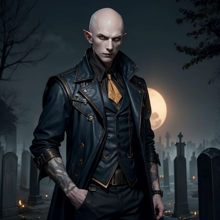 Nosferatu pale skin man without hair dark blue jacket Steampunk muscular build sleeveless jacket yellow eyes black shirt with a knife in his hand looking straight at the viewer on a night cemetery background