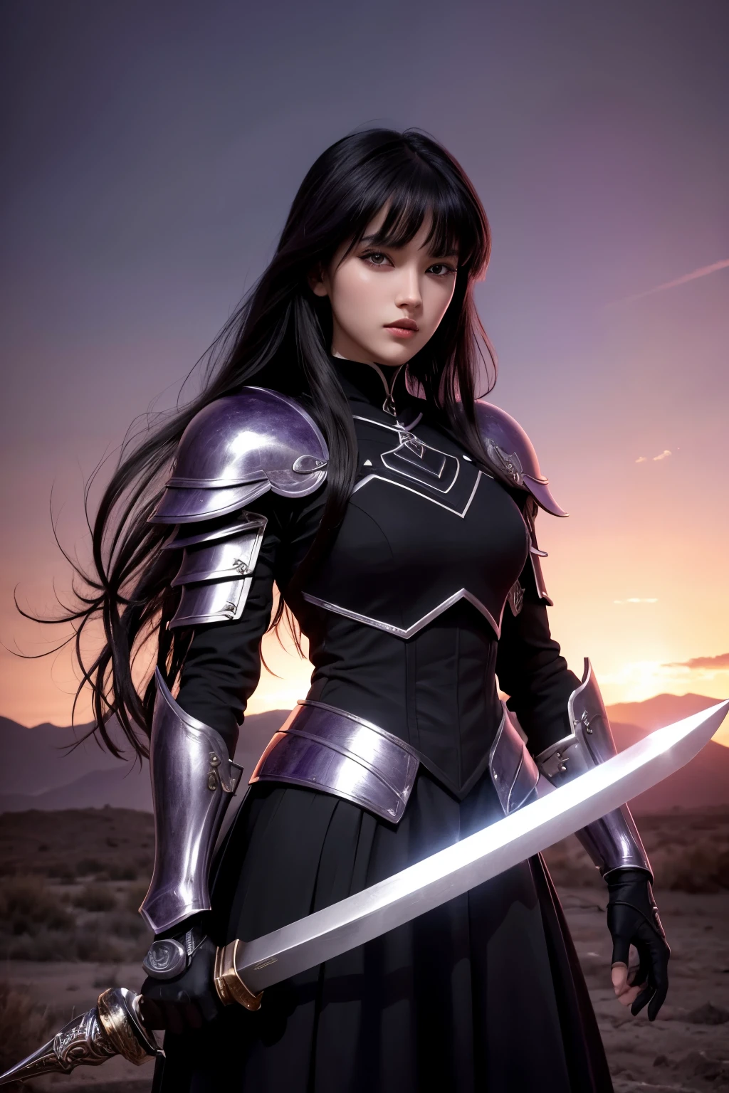 girl, medium close up shot, black gothic armor, holding a sword, very long dark hair, purple color sky, wasteland landscape, sailor moon style, high quality, detailed image, masterpiece