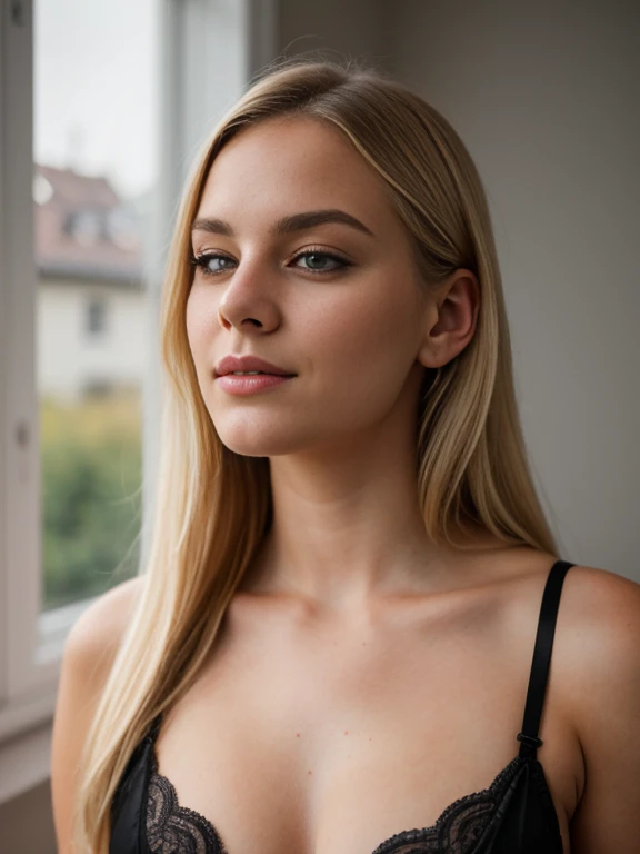 Create an ultra high resolution, detailed portrait of a 22 year old Swedish woman with blonde hair, schulterlangen Haaren. She is wearing elegant black lingerie. Das Bild soll den Eindruck erwecken, as if it was taken by a professional photographer in a beautiful bedroom. Die Kameraeinstellungen sollten einer Nikon Z9 mit einer Blende von f1.2 und einer Brennweite von 85mm nachempfunden sein. Der Fokus liegt auf perfekter Haut und perfekten Lippen, the lighting should be soft and natural, to enhance the beauty of the scene.