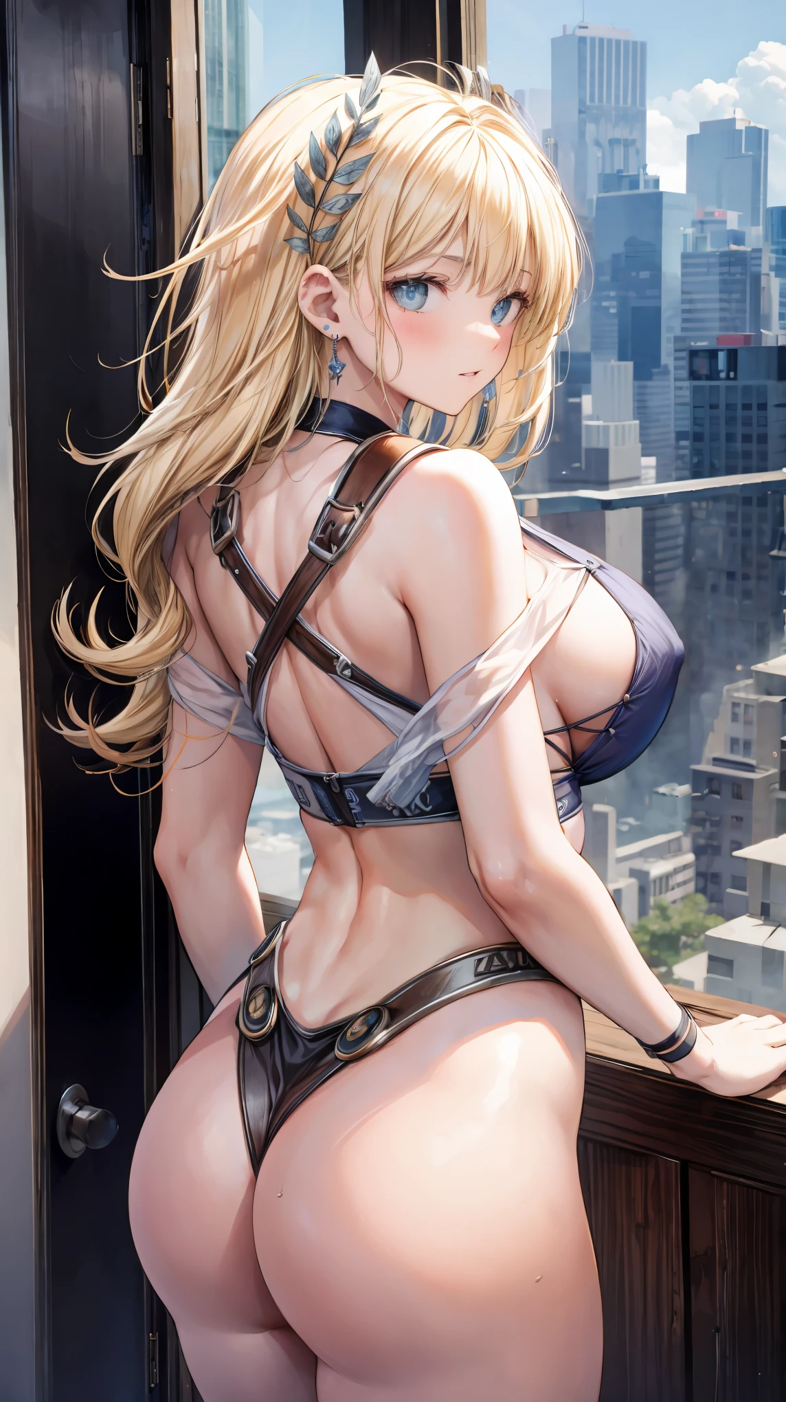 ultra-detailed、highest quality、Highest image quality、master piece、8K、blonde curly hair、(SFW huge body)、(((Rear view)))、cowboy shot、T-back that digs into your butt、underwear model