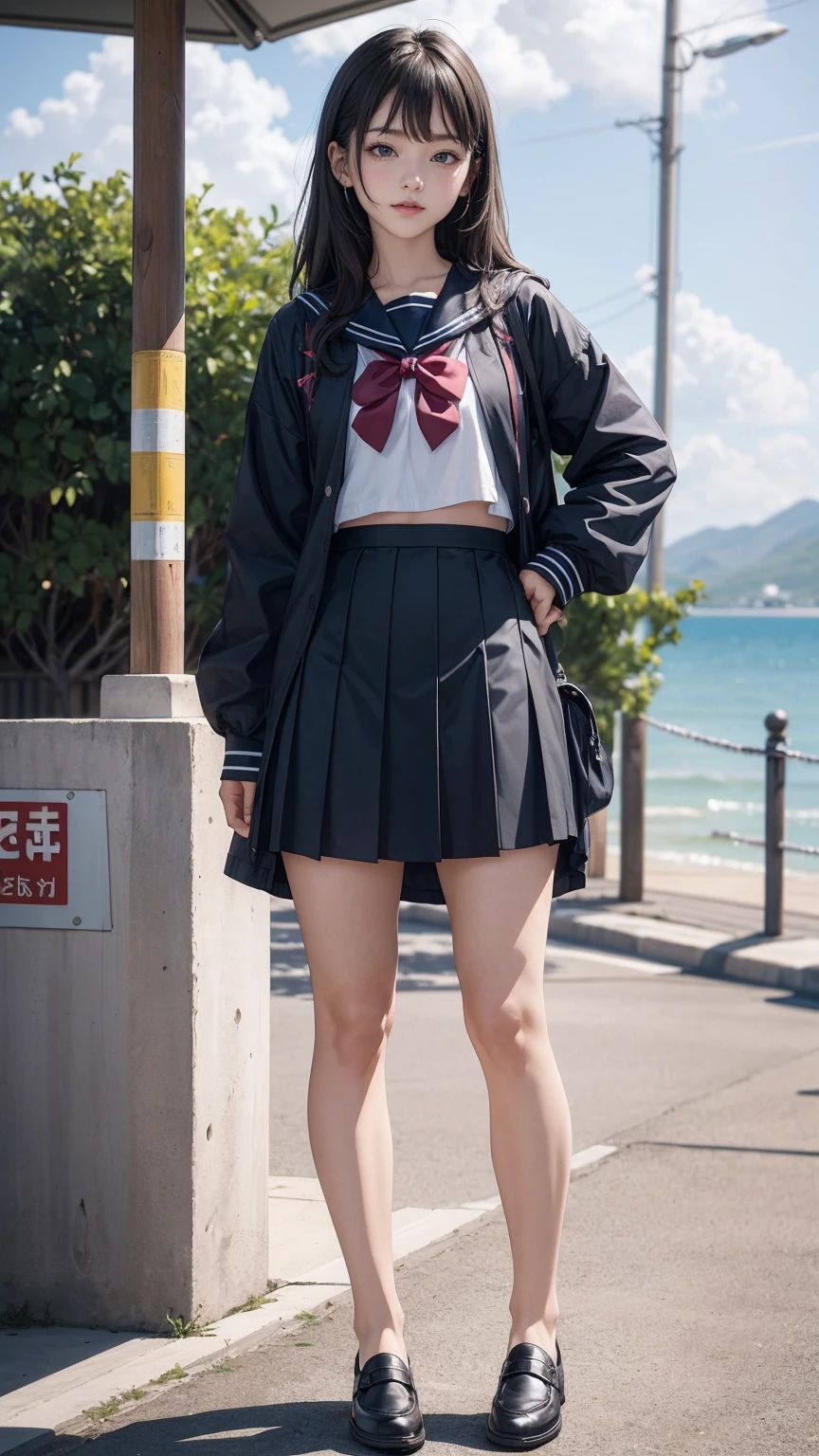 ((最high quality, 8K, masterpiece: 1.3, Ultra HD, high quality, 最high quality, High resolution, realism)) 、An extremely beautiful 18-year-old Japanese woman、hair color is black、black eye、medium hair、straight hair、smile、Slender but well-proportioned muscular body、Athlete-like body type、I don't want my head to disappear from the screen.、sit on a high breakwater on the beach、The blue sky is beautiful、There is an entrance cloud、It's summer、I'm wearing a sailor suit、Wear a navy blue pleated skirt、wear loafers、There is a road in front of the breakwater、There is a sign indicating the bus stop.