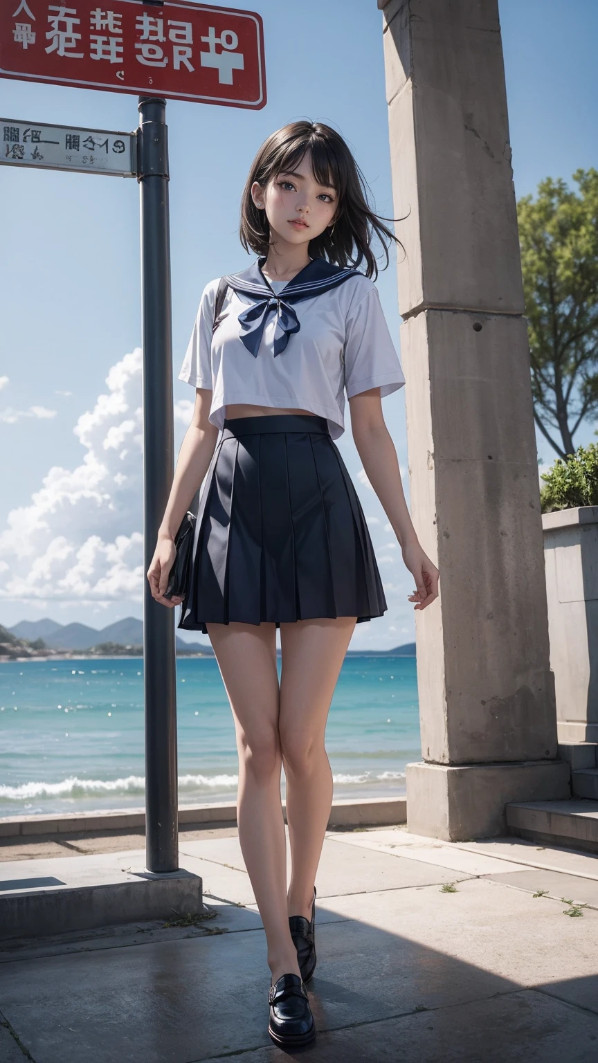 ((最high quality, 8K, masterpiece: 1.3, Ultra HD, high quality, 最high quality, High resolution, realism)) 、An extremely beautiful 18-year-old Japanese woman、hair color is black、black eye、medium hair、straight hair、smile、Slender but well-proportioned muscular body、Athlete-like body type、I don&#39;t want my head to disappear from the screen.、sit on a high breakwater on the beach、The blue sky is beautiful、There is an entrance cloud、It&#39;s summer、I'm wearing a sailor suit、Wear a navy blue pleated skirt、wear loafers、There is a road in front of the breakwater、There is a sign indicating the bus stop.
