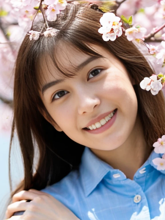 (Close-up of a girl with small breasts and short hair in a collared blouse:1.5)、(The girl spreads her arms wide with a small smile、Let your hair fly in the wind :1.5)、(Rows of cherry blossom trees in full bloom and cherry blossom petals dancing in the wind:1.5)、(perfect anatomy:1.3)、(no mask:1.3)、(full finger:1.3)、(cleavage)、realistic、photo shoot、highest quality、High resolution, delicate and beautiful、perfect face、detailed and beautiful eyes、Fair skin、real human skin、pores、((thin legs))、(black hair)、((Low - Angle))、Blue sky