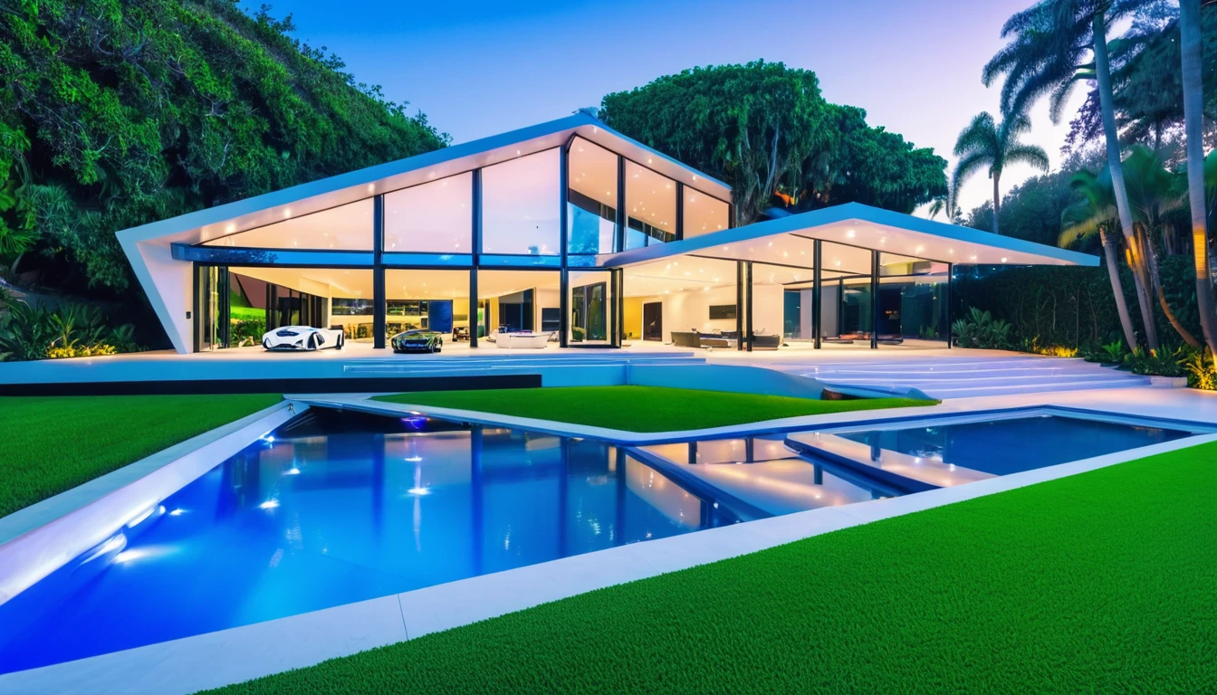 miami style house in california, glass house with a sloping roof, (parking, super car: 1.2), modern mansion, (RAW photo, real, best quality, masterpiece), perfect lighting, archdaily, day-time