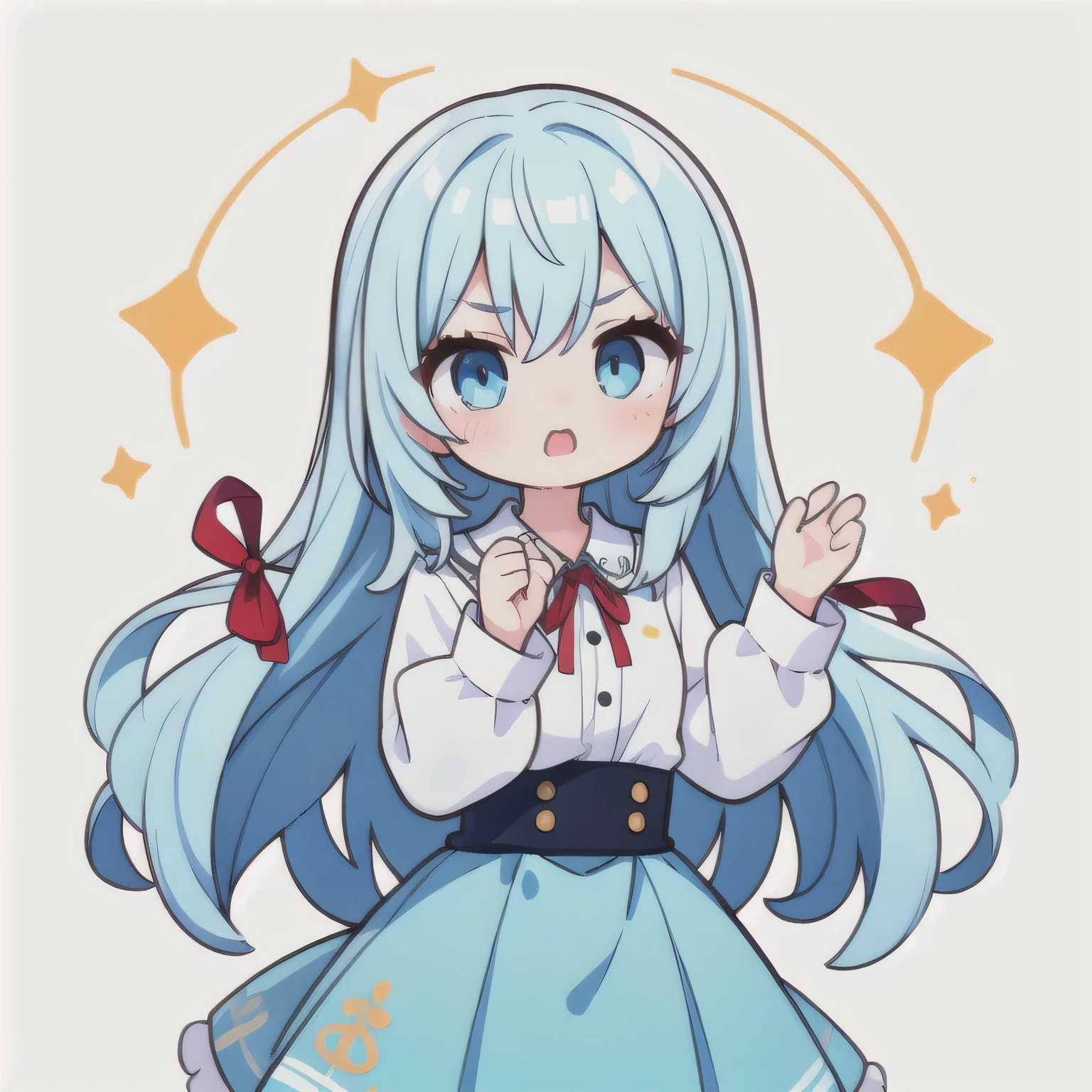 1 girl, Big eyes, long eyelashes, anger,, white blouse,Light blue skirt, red ribbon,light blue long hair,Olive eyes, no background, OK sign、, raising both hands up