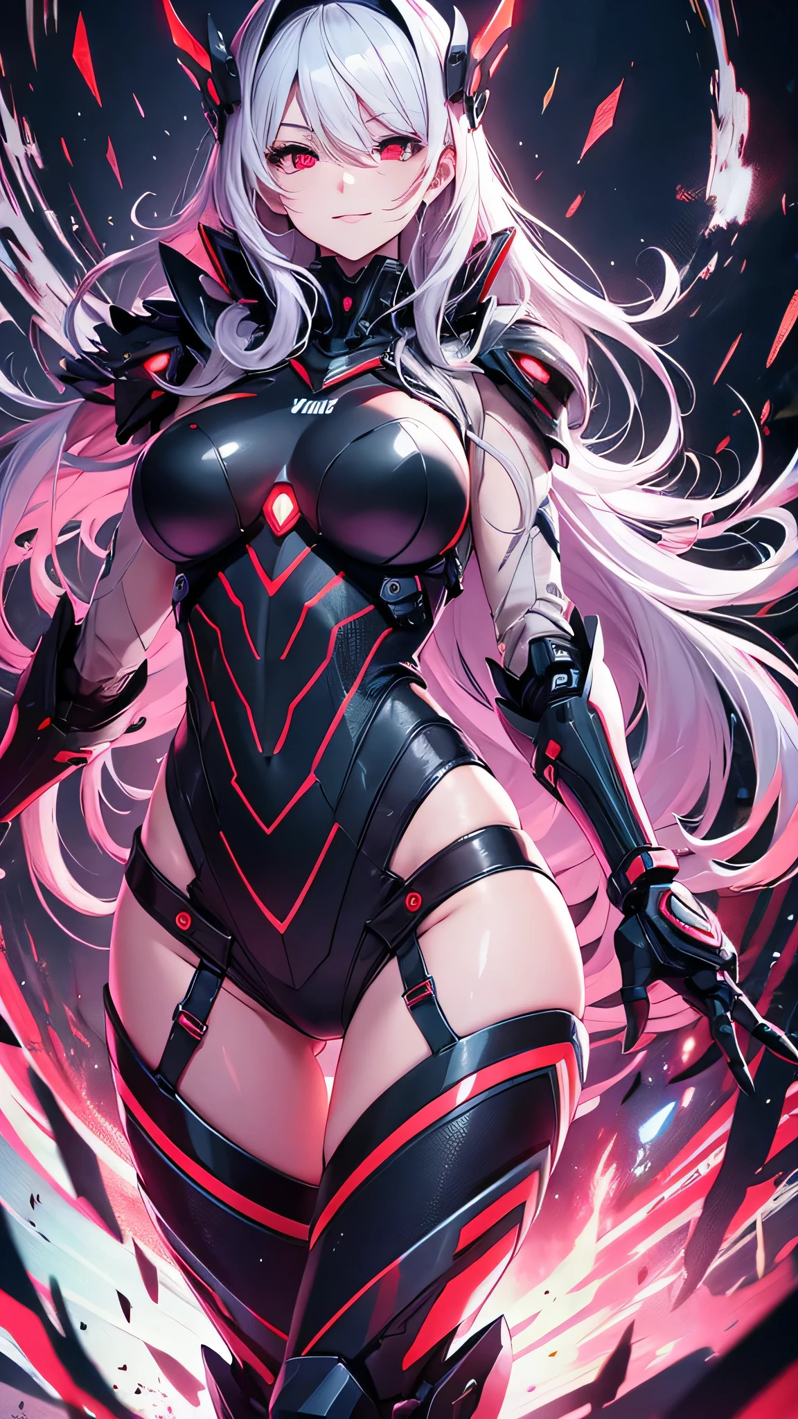 最high quality、best image quality、masterpiece、android girl((18-year-old、 By becoming、vest bust、medium bust,wide open breast tea、red glowing eyes, water hair、messy hair、long hair、thin,highest valley、white robot body、shining blue body、Close ~ eyes、All connected to cables、Show the whole body、robot arm、robot feet、villain、evil smile、evil pose)),high quality、beautiful art、background((dark bio facility、dark room、Infrared Sensor、red lighting))、Flight、debris flies、Depth of written boundary、movie、visual art、perfect art、8K,genuine、