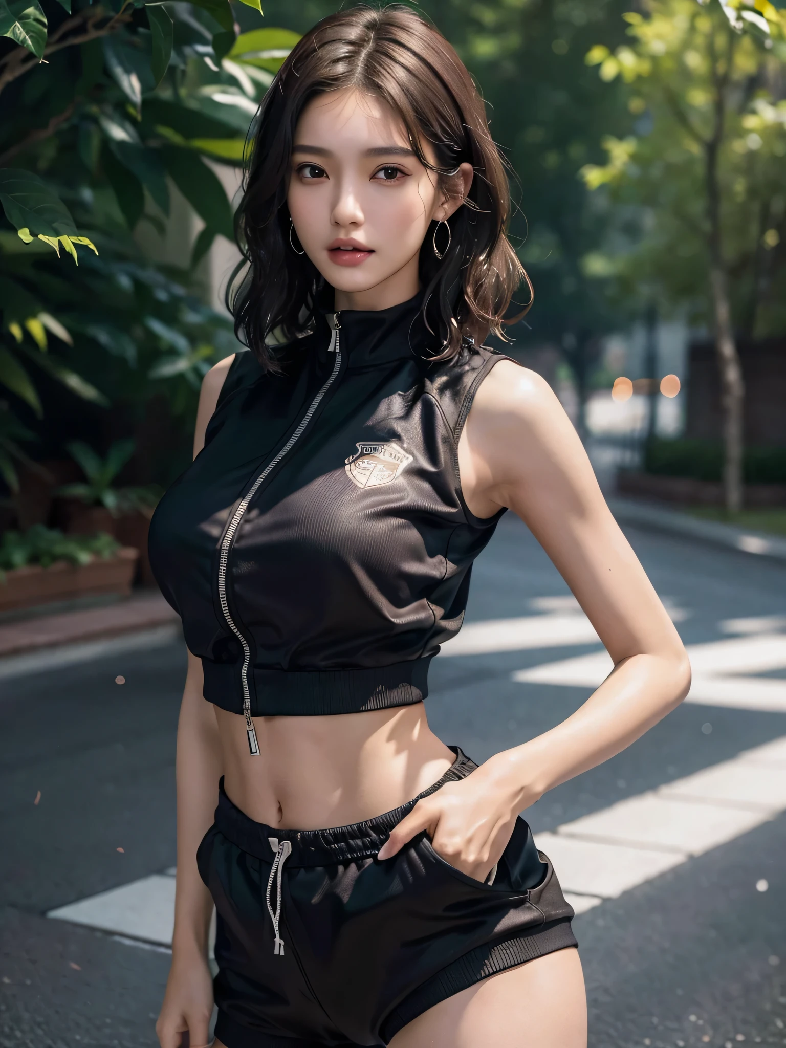 absurdres, RAW photo, extremely delicate and beautiful, masterpiece, Best Quality, ultra high resolution, 32k, hyperrealistic, ultra-detailed, perfect anatomy, perfect figure, super Detailed skin, Very detailed CG 8k wallpaper, in her 30s, very Slim body, narrow waist, very small head, very small face, delicate facial features, tearful mole, earring, thin legs, (very huge round breasts:1.2), full body shot, 1 girls, short hair, (wavy hair:1.2), brown hair, wet clothes, (tracksuit:1.3), (sleeveless:1.1), midriff, shorts,