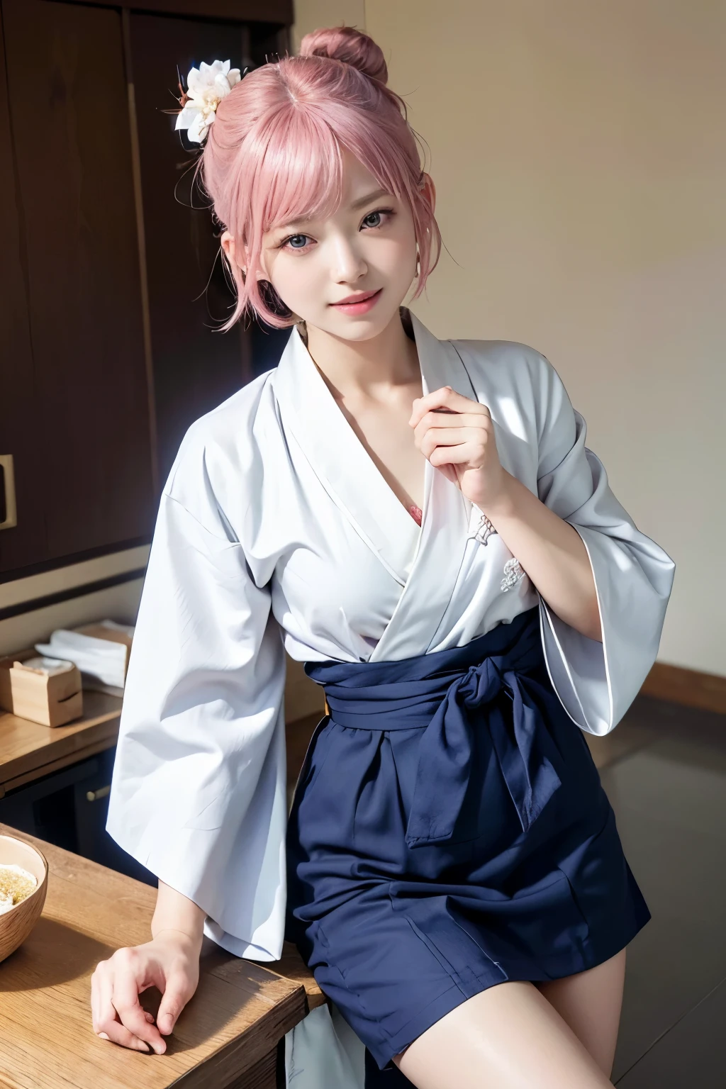 (8K, highest quality, masterpiece:1,2), (realistic, Photoreal:1.37), Super detailed, one girl,), (very detailed), (detailed and beautiful eyes), (highest qualityの), (Super detailed ), (masterpiece), (detailed face),20-year-old, ,1 girl, ((pink hair,very short hair)), medium breasts, dressed, perfect lighting, break (navy blue haori:1.3), (white collar:1.2), (three quarter sleeves:1.2), (white kimono:1.4), (nature motif pattern:1.2), (navy blue hakama:1.3), (Ankle length:1.2), (The hem is not too wide either、:1.2), (white obi:1.4), (simple knot:1.2), (white foot bag:1.2), (Black geta:1.2), (low height:1.2), (Easy to walk:1.2), (bun hair:1.2), (hair ornaments:1.2), (flowers and pieces of paper:1.2), break bun hair, flowers and pieces of paper hair ornaments, smile, friendly, looking at camera, hold soba with right hand, Holding chopsticks with left hand, Please do not put soup on the soba., In front of the soba shop counter, Wall with menu and photos, Natural light, Adding soft shadows to the face