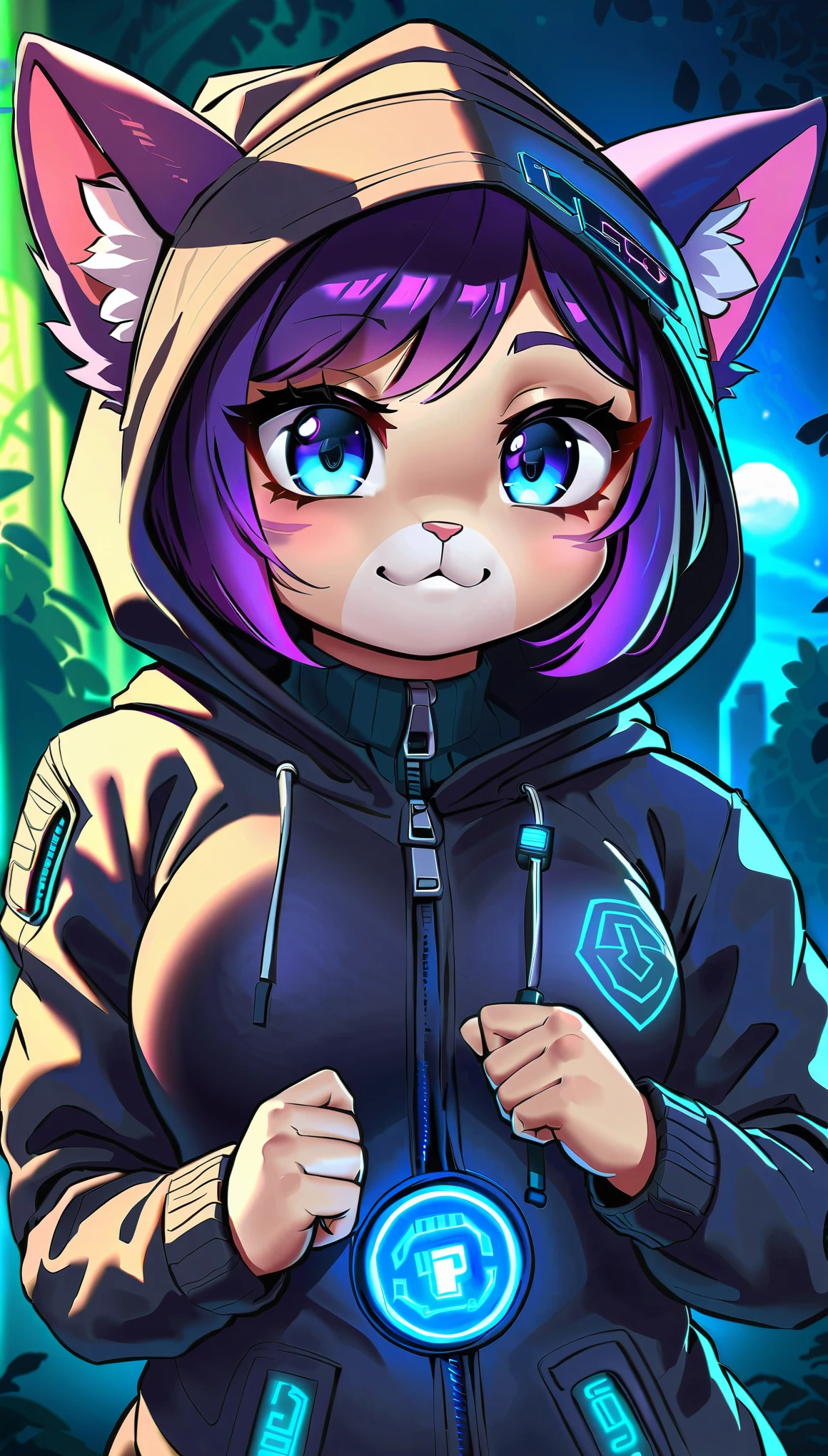 (highest quality, 4k, 8K, High resolution, masterpiece:1.2), Super detailed, Close-up of science fiction with a furry woman wearing a helmet, ((Ancient forest, rich light changes)), Very complex and detailed expression, Fusion of ancient ruins and science fiction, cat girl, cyberpunk fashion, high contrast, (((Expressing Chibi Kawaii:1.2))).