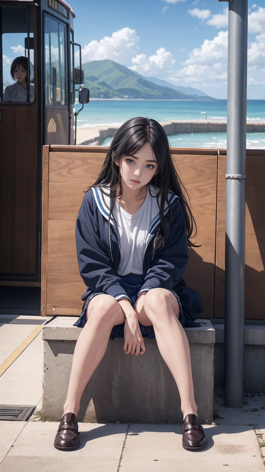((最high quality, 8K, masterpiece: 1.3, Ultra HD, high quality, 最high quality, High resolution, realism)) 、An extremely beautiful 18-year-old Japanese woman、hair color is black、black eye、medium hair、straight hair、smile、Slender but well-proportioned muscular body、Athlete-like body type、I don't want my head to disappear from the screen.、sit on a high breakwater on the beach、The blue sky is beautiful、There is an entrance cloud、It's summer、I'm wearing a sailor suit、Wear a navy blue pleated skirt、wear loafers、There is a road in front of the breakwater、There is a sign indicating the bus stop.
