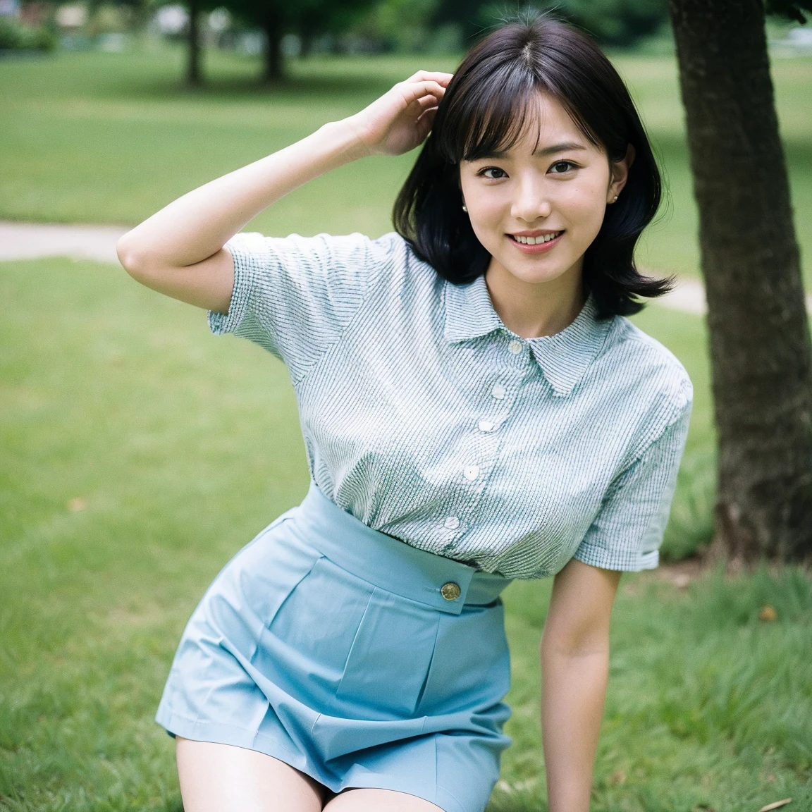 ((highest quality、8K、masterpiece:1.3))、Photoreal, sharp focus, High level image quality, High resolution, portrait, alone, Japanese, woman, きれいなwoman, sexy, short sleeve blouse、skirt above the knee、sassy pose、high-jump,elegant、 23 years old, semi-long、smile