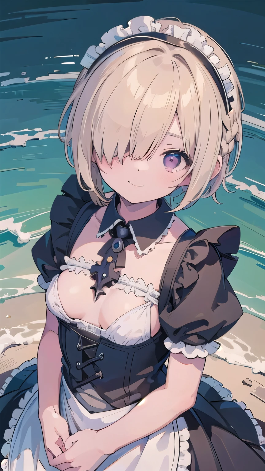 (masterpiece:1.2), (highest quality:1.2), perfect eyes, perfect face, perfect lighting, sunlight, outdoor, desert, 1 boy,blonde red eye, ((((((hair over one eye)))))), Braid Styles, spiked hair, blunt bangs, bob hair, single braid, a braid, Ahoge, cute eyes,, (((gothic maid))), cute eyes, closed mouth, ((from above)), ((front)), ((smile)), spoken heart, nipple, abs,