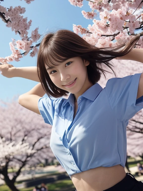 (Close-up of a girl with small breasts and short hair in a collared blouse:1.5)、(The girl spreads her arms wide with a small smile、Let your hair fly in the wind :1.5)、(Rows of cherry blossom trees in full bloom and cherry blossom petals dancing in the wind:1.5)、(perfect anatomy:1.3)、(no mask:1.3)、(full finger:1.3)、(cleavage)、realistic、photo shoot、highest quality、High resolution, delicate and beautiful、perfect face、detailed and beautiful eyes、Fair skin、real human skin、pores、((thin legs))、(black hair)、((Low - Angle))、Blue sky