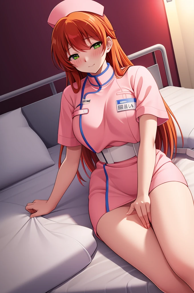 nogiwa_Miho, masterpiece, best quality, a beautiful sexy mature nurse sits on a hospital bed, 1girl, solo, pink nurse uniform, female pubic hair, breasts, hat, crotch, pussy, nurse cap, bed, white thigh highs, name plate, red face, shy face,