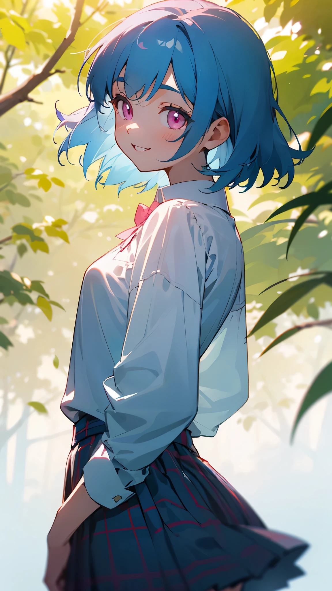  girl、light blue hair、pink eyes、smile、small breasts、from the back、white blouse shirt、plaid skirt、Under the bright light of the sunlight filtering through the trees、sharp outline、tomboy、boyish