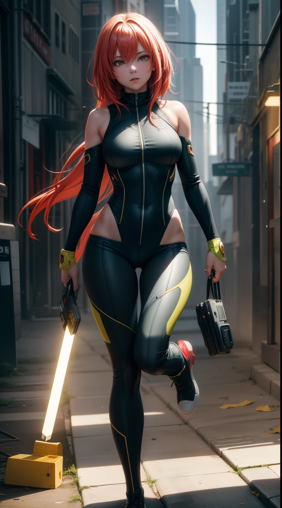 Round legs, full body, Rogue's unsinging legs, sexy original suit style, fantasy, green and yellow suit style, ((Red and white hair)), urban background, , 30-megapixel, 4k, Canon EOS 5D Mark IV Digital SLR Camera, 85mm lens, sharp focus, intricately detailed, long exposure time, f/8, ISO100, Diffuse backlight, Award-winning photo, Face-to-face camera, look into the camera, Monovision, perfect contrast, High sharpness, facial symmetry, Depth of the bounds written, Super detailed photography, raytraced, global illumination,