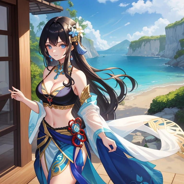 A captivating figure of a young woman from the world of Genshin Impact stood before me, her enchanting smile radiating towards me as she admired the scenic view. Her long, wavy, black hair cascaded down her back, framing her delicate features. Her captivating blue eyes were a striking contrast against her porcelain skin. Succulent, ripe fruits of her cleavage peaks were subtly revealed through her snug-fitting crop top, invoking an air of allure and sophistication. Her toned midriff and slender waist were accentuated by the flowing, print sarong she wore, wrapped elegantly around her hips. An intricate,