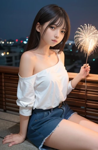 best quality, detailed, beautiful, insanely detailed, absurdres,perfect anatomy,
Japanese woman,black hair,27 years old,
(slender),
(small breasts),
Rooftop, delightful, sitting, curly hair, blue off shoulder, white shorts, japanese, with fireworks, at night, (full body shot:1.2), back shot, dutch angle shot